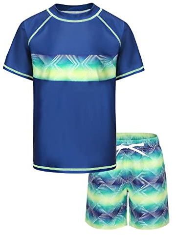 Boys Swim Set Two Pieces Rashguard Swimsuit Short Sleeve Swimming Costume Age 11-12 Years
