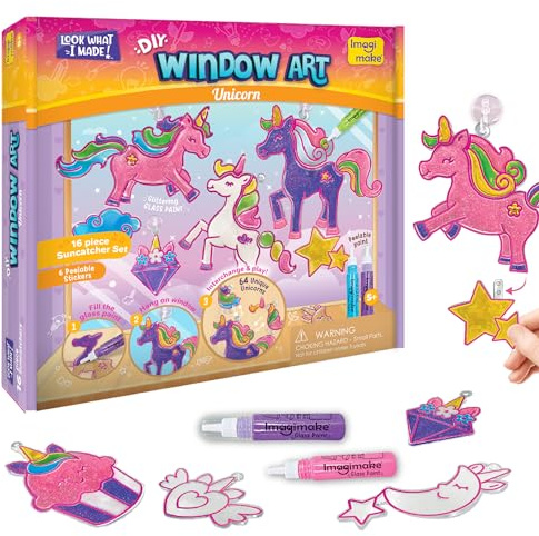 Imagimake Unicornio de arte de ventana | Kits de manualidades para niños | Juego de pintura de vidrio de 16 piezas | Regalo de unicornio para niñas | Regalo de cumpleaños para niñas de 5, 6, 7, 8, 9