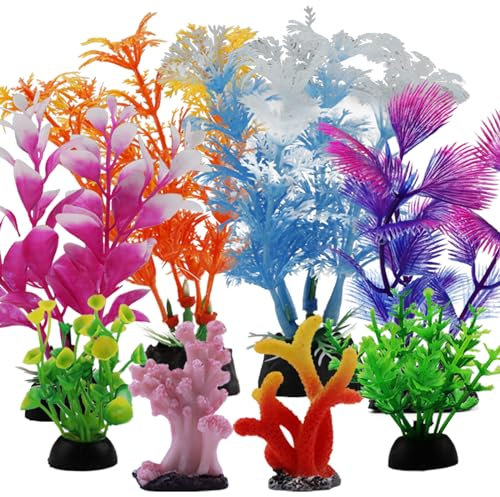 QUOZUO Fish Tank Decorations Plants with Resin Coral, 8 pcs Aquarium Decorations Small Plants Plastic, Fish Tank Accessories Aquarium Decor
