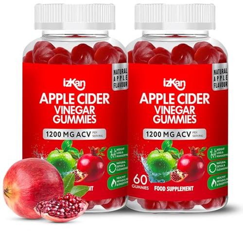Izkan Apfelessig-Gummibärchen mit Mutter 1200 mg – ACV-Gummibärchen – | Unterstützung für Verdauungsgesundheit, Energie, Immunsystem und Stoffwechsel | – mit Vitamin B12, B6 und Roter Bete und Granata