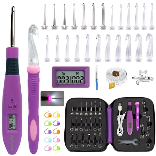 Leuchtendes Häkelnadel-Set, Häkelnadel-Set, digital, mit 24 austauschbaren Häkelsets, beleuchtete Häkelnadeln mit 2 LEDs, Anfänger-Strickset für Stich- und Reihenzähler