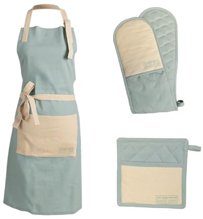 The Great British Bake Off Cotton Textiles Kitchen Set, Oven Gloves & Chef Apron, Heat Resistent Pot Holder Cooking Gloves, Official GBBO Logo, Duck Egg Blue, One Size.