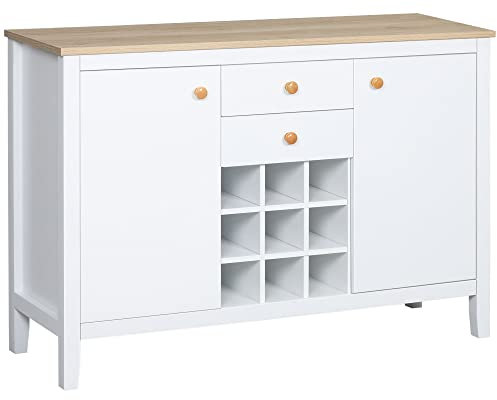 HOMCOM Aparador de Cocina con Botellero Aparador con 2 Cajones 2 Puertas Estantes Ajustables para 9 Botellas Buffet Auxiliar de Cocina para Comedor Salón 110x35x75 cm Blanco