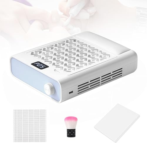 Aspiratore Unghie, Aspiratore Unghie Professionale a 3600 Giri/min con Filtri Filtro di Cotone e Spazzola per la Polvere Aspiratore per Unghie Bianco con Regolazione a 5 Livelli e Display LED