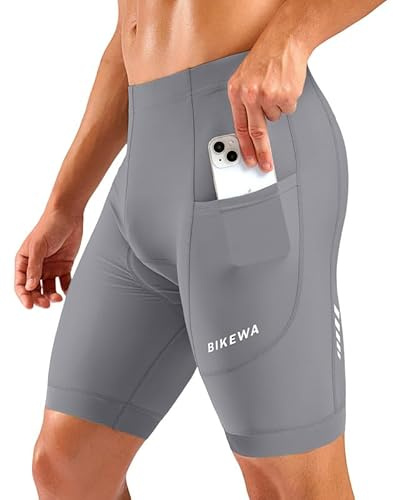 Bikewa Men's Cycling Shorts 7 4D Padded Bike Shorts for Men Road Biking Bicycle Riding Cycle Biker Phone Pockets(Light Grey,L)