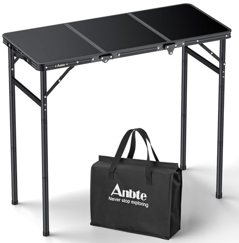 Anbte Tavolo Pieghevole da Esterno, Tavolo da Campeggio 90x40cm con 3 Altezze Regolabili 26/48/67cm,Piano MDF Nero Portatile 2.25kg,Cornice in Alluminio per Picnic/Giardino/Balcone/Spiaggia