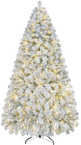 Yaheetech 213 cm konstgjord julgran med snö och 350 varm vit LED, snöflingor julgran, ca 1 000 spetsar, brandsäker julgran, snabb montering inkl. metallstativ, vit och grön