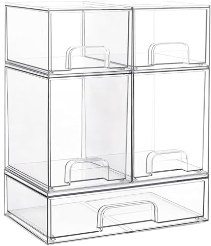 Juego de 5 cajones de almacenamiento apilables, contenedores organizadores de plástico transparente para suministros de belleza