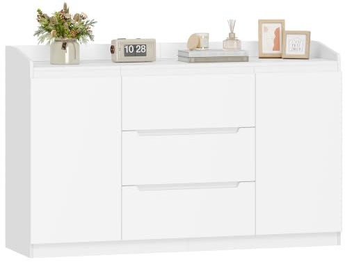 Hzuaneri Commode Blanc 3 tiroirs 2 Portes 40x140x87cm Meuble Rangement
