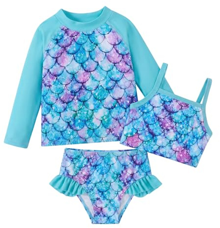 Supcomsta Girls 3 Piece Bikini Set, UPF 50+ Mermaid Scale Swimwear, Quick Dry Kids Tankini Rash Guard Swimsuit for Beach Pool Swimming (UK, Age, 7 Years, 8 Years, Regular, Blue Mermaid)