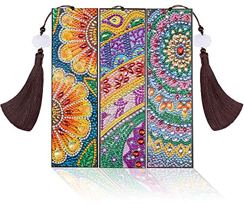Outus 3 Pieces Diamond Art Bookmark Diamond Tassel Beaded Painting Bookmark DIY Leather Tassel for Graduation Birthday Embroidery Arts Crafts Christmas Supplies