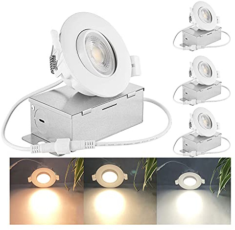 3 Inch Gimbal LED Recessed Light, 8W Dimmable Canless Adjustable Downlight, 3000K/4000K/5000K Selectable Ceiling Spotlight with Junction Box, IC Rated ETL, 38° Beam Angle, 65W Equivalent (Pack of 4)