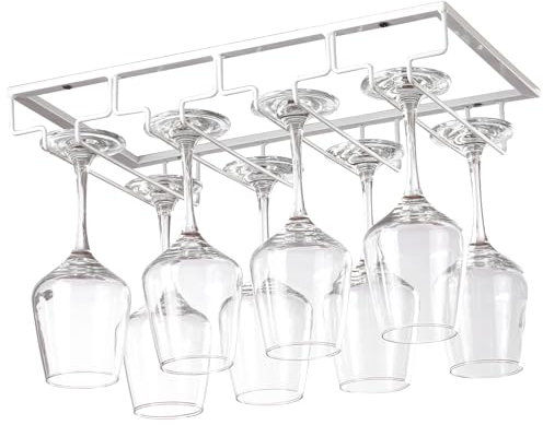 YunNasi Support Verre Suspendu, Porte Verres à Vin en Métal, Rangement Verre Installation sous Meuble, pour Bar, Restaurant, Cuisine (4 rangs, Blanc)
