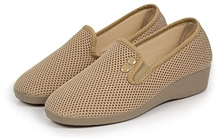 CoboFamily Zapatillas de Estar por Casa Mujer Verano Otoño Invierno, Zapatillas Casual Cómodas Respirables, Zapatos de Rejilla con Tacón Cuña y Punta Cerrada Multicolor, Suela Caucho (Beige, 39)