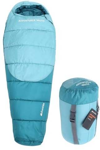 Eurohike Youth Adventurer Sleeping Bag with Pillow Pocket for Teens, Kids, 1 Person, 2-3 Season, Lightweight, Warm, Indoor & Outdoor Use, Camping, Hiking, Backpacking, Compression Bag (Green)