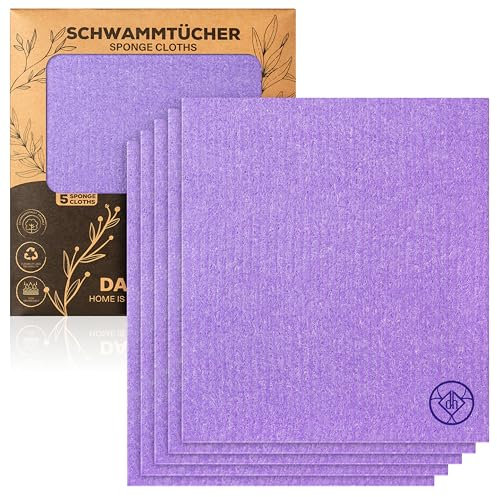 DANIHOME® Schwammtücher in Lila (5er-Set) – Hochabsorbierend & Waschbar – Nachhaltige Putzlappen für Küche, Haushalt & Auto – Biologisch Abbaubare Allzwecktücher – Stilvolle Eleganz in jedem Zuhause