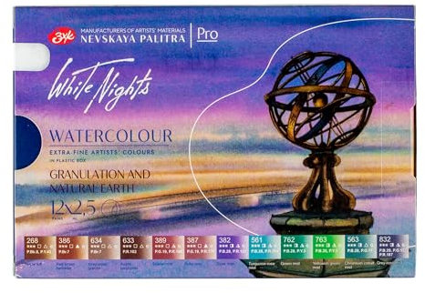 White Nights Nevskaya Palitra Aquarell-Set, extra feine Künstler, 12 volle Näpfchen, Granulation und natürliche Erdfarben, Kunststoffbox