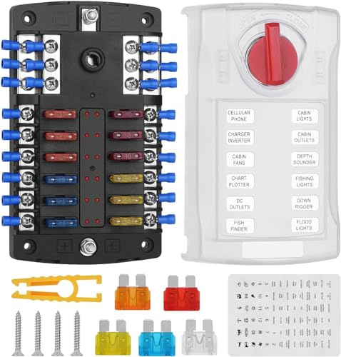 Snlazp 12 Volt Fuse Block, Waterproof Boat Fuse Panel with LED Warning Indicator Damp-Proof Cover, 12 Circuits with Negative Bus Fuse Box for Car Marine RV Truck Block DC 12-24V