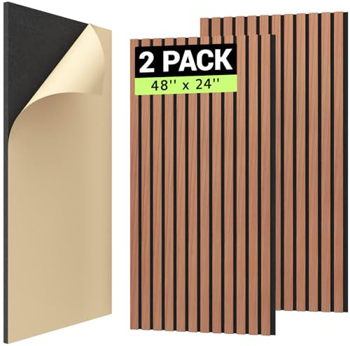 TONOR 2PCS Wood Slat Panels, 48” x 24”Adhesive Acoustic Panels for Wall, Decorative 3D Fluted Panels for Sound Absorbing, Soundproof Panels with Wood Finish for Living Room, Rosewood Orange