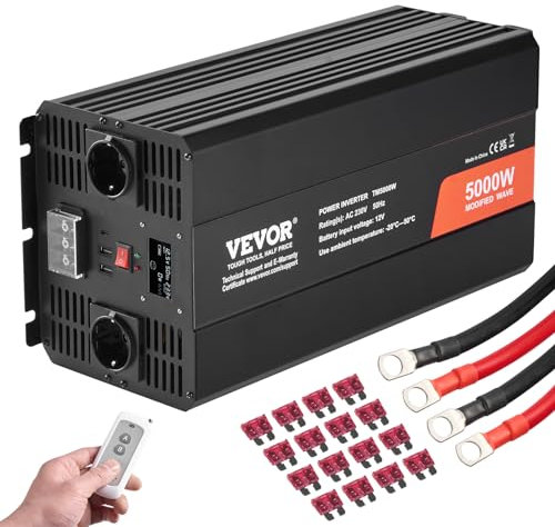 VEVOR Sinus-Wechselrichter 5000 W DC 12 V auf AC 230 V Wechselrichter mit 2 AC-Steckdosen 2 USB-Anschlüssen 1 Typ-C-Anschluss LCD-Display und Fernbedienung für Haushaltsgeräte mit hoher Belastung