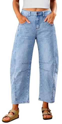 Utyful Barrel Jeans Women Cropped Baggy Trendy High Waisted Distressed Loose Stretch Denim Trouser Jeans with Pockets