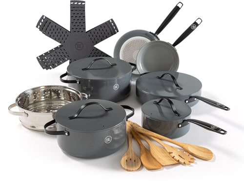 BE Living Ensemble de 20 poêles - Poêles à induction - Convient à toutes les sources de chaleur - Comprend une poêle à frire et une casserole - Gris