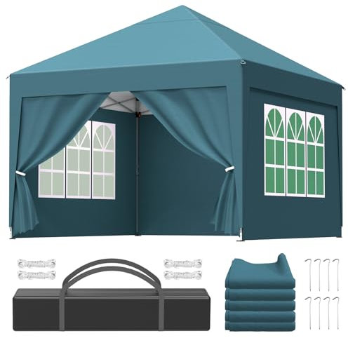 Tonnelle de Jardin Pliable de 3-Hauteur Réglable, Tente Pliable Imperméable avec 3 Parois Latérales, Pavillon Protection UV 50+, Tente de Jardin-Fête-Plage-Camping-Marché, Tonnelle Pop-up 3x3, Vert