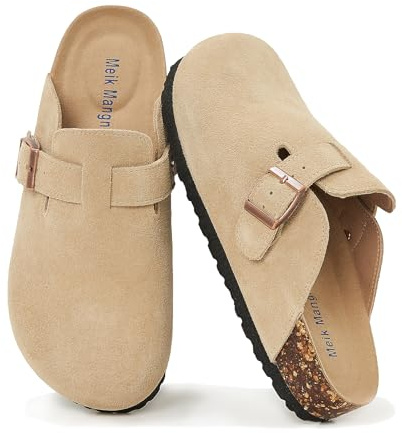 Meik Mangni Zuecos y Mules Ante para Mujer Pantuflas de Piel con Corcho Cerradas Hombre Mules Cómodos Zapatillas de Jardín con Hebilla Ajustable,36-47 EU