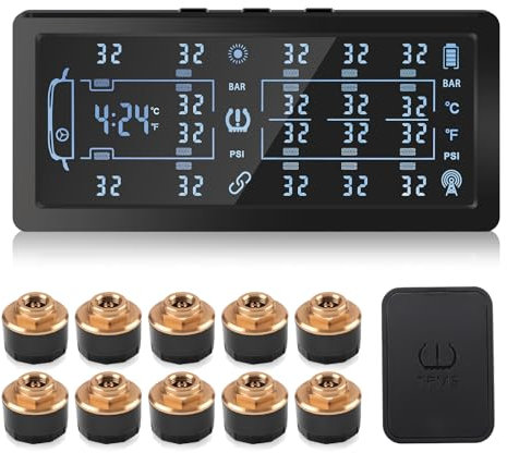 KAOLALI Sistema di Controllo della Pressione dei Pneumatici per Rimorchi, TPMS RV con 10 Sensori, Display a Colori da 7 Pollici, Amplificatore di Segnale per Camper, Rimorchi, Camion (0-188PSI)