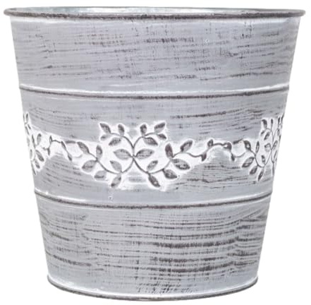 Grey Metal Leafy Vine Planter Tin Pail 18cm, 7inch Indoor Outdoor Garden Flower Plant Pot Weatherproof Decorative Gift (1)