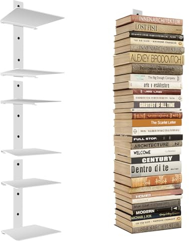 Professional Invisible Floating Book Shelves for Wall, 6 Tier Vertical Spine Book Tower Hanging Bookshelves, Wall Mounted & Space Saving, Heavy Duty Metal Book Organizer for Home Office, 3 Pack White