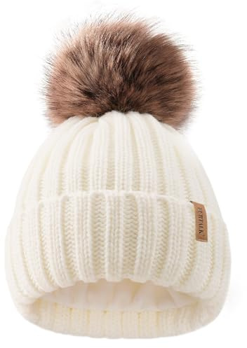 FURTALK Kids Winter Hat Toddler Knitted Beanie with Faux Fur Pom Poms for Baby Girls Boys White,3-24 Months