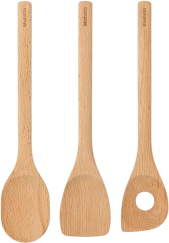 Brabantia 3 Piece Wooden Kitchen Utensil Set (Beech Wood) Spoon, Spatula & Corner Spoon - Sustainable Cookware
