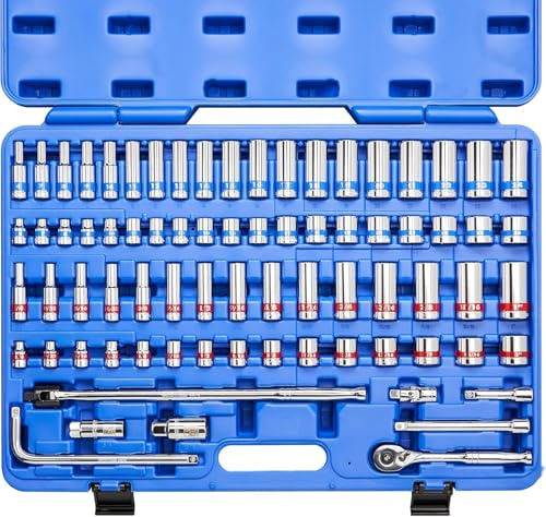 Neiko 02472A 3/8-Inch-Drive Colored Mechanics Tool Ratchet, Socket Set, 76-Piece Standard and Deep SAE Sizes 1/4 to 1 Metric Sizes 6 mm to 24 mm Made with CrV Steel for Auto Repair