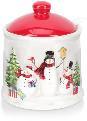 DOITOOL Christmas Ceramic Jars with Lid and Spoon, Ceramic Christmas Snowman Cookie Jar Xmas Sugar Bowl Xmas Condiment Container Seasoning Pot Holiday Food Storage Containers for Candy Tea Coffee