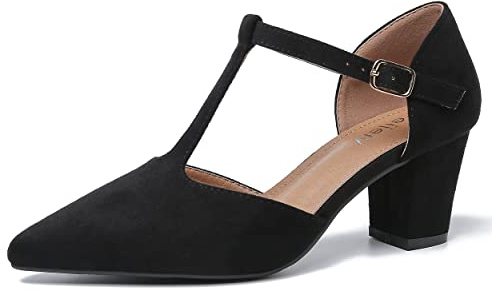 Peijely Women's T-Strap Pointed Toe Pumps, Block Heel Dress Shoes with Ankle Strap Buckle Suede Black 46 - US 12