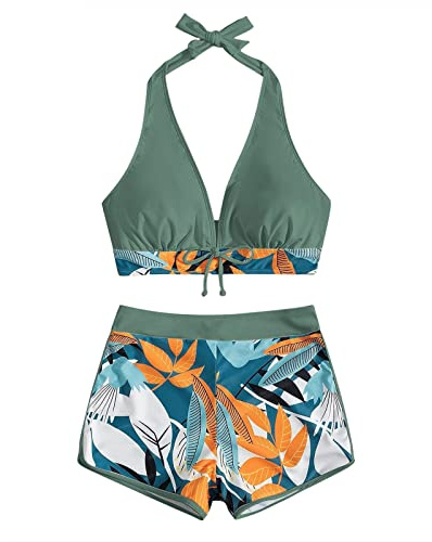 VêTements Femme Maillot De Bain Maillot De Bain Deux PièCes Pour Femmes Bandeau Sexy Bikini Maillot De Bain Push Up Rembourré Et Boxer De Bain Imprimé HawaïEn Piscine Pour Nager Swimwear(Vert foncé,M)