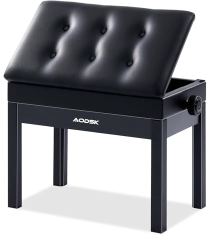 AODSK Adjustable Wooden Piano Bench with Padded Cushion and Storage with Sheet Music Storage Black 22.05''x13.39''x18.31''(Height Adjustable Range:18.31''-22.05'')