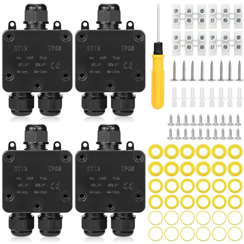 4 Stück Abzweigdose Wasserdicht, 3 Wege Verteilerdose Außen Wasserdicht, Abzweigdose IP68 Elektrischer Außenverteilerdose, Erdkabel Klemmdose Verbindungsdose für Ø4mm-15mm Kabeldurchmesser Schwarz