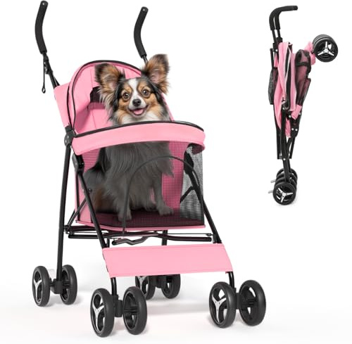 Magshion Passeggino a 4 ruote per cani e gatti di taglia media/piccola fino a 10 kg, passeggino pieghevole con vano posteriore, imbottitura rimovibile, rosa