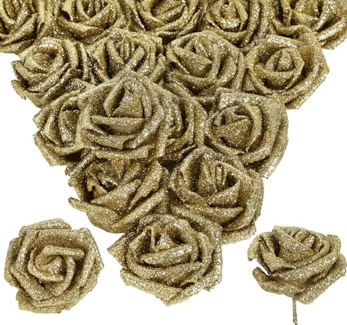 INSUNSIX 30pcs Glitter Gold Roses - 2.56 Gold Foam Roses Artificial Flowers with Stems for Bridal Shower Centerpieces, Wedding Bouquet, Table Decor