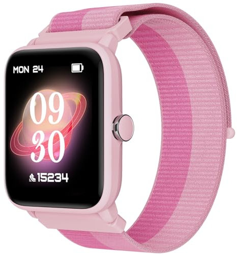 BIGGERFIVE Smartwatch Kinder, Fitness Tracker Uhr Digitale Fitnessuhr mit Schrittzähler, 24/7 Puls, 5ATM Wasserdicht, Schlaf-Monitor, Wecker, 1,5 HD-Touchscreen für Mädchen 3-14, Nylon