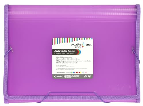 Grafoplas - Carpeta Archivadora, Lavanda Pastel, Tamaño Folio, 13 Posiciones Fuelle, Incluye Etiqueta para Visores y Tarjetas, Cubiertas Impermeables de Plastico, Multiline