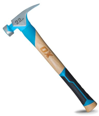 OX Tools Pro 22oz Straight Hickory Handle Hammer with TPR Rubber Hands Grip - Hickory Framer with Magnetic Nail Starter Milled Face Nail Puller Carpenter Hammer OX-P089322