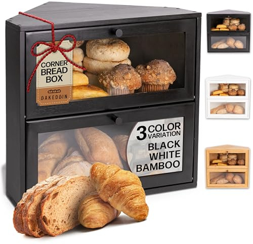 BakedBin Corner Bread Box for Kitchen Countertop - New 2026 Airtight Design - Extra Large, Double Layer Black BreadBox, Vintage Storage for Homemade Bread, Under Cabinet Organizer