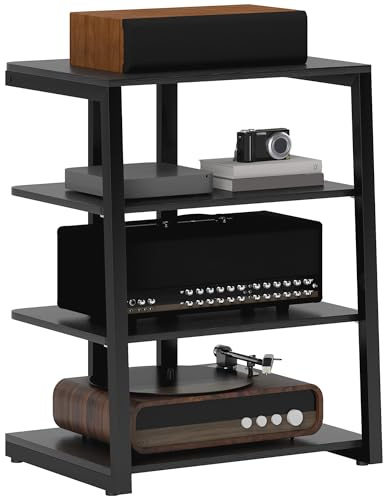 HOMCOM HiFi Stand, 4-Tier Media Storage Shelf with Adjustable Shelves, Power Strip Rack for Router, Record Player, Printer, Industrial TV Stand for up to 28 Inch TVs, Black