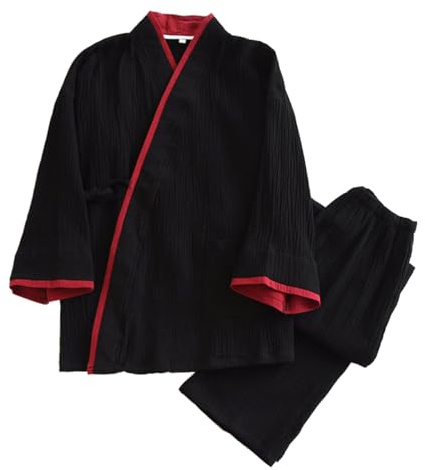 CAMDOM Japanese Style Two-Piece Suit Cotton Bathrobe for Men Kimono Pajamas Set Sleepwear For Couple Black