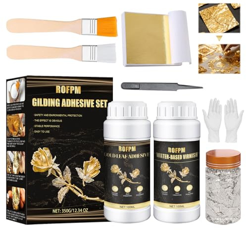 ROFPM Gold Leaf Gilding Adhesive Set, Gold Leaf Sheets Kit, 100ml Metal Leaf Glue and Varnish, Sheets 100 PCS, 2g Silver Foil, 2 Brushes for Craft, Painting, Arts, Furniture, Decoration (100ml)