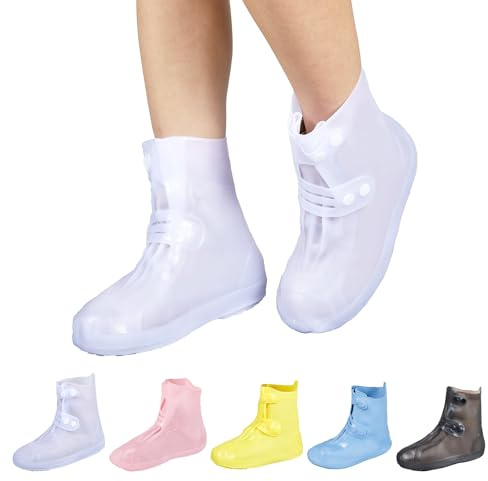 Dream Apparel Waterproof Rain Shoe Covers for Women Men, Non-Slip Reusable Foldable Boot Covers Rainproof Overshoes Over Shoes Galoshes (White, Size M)