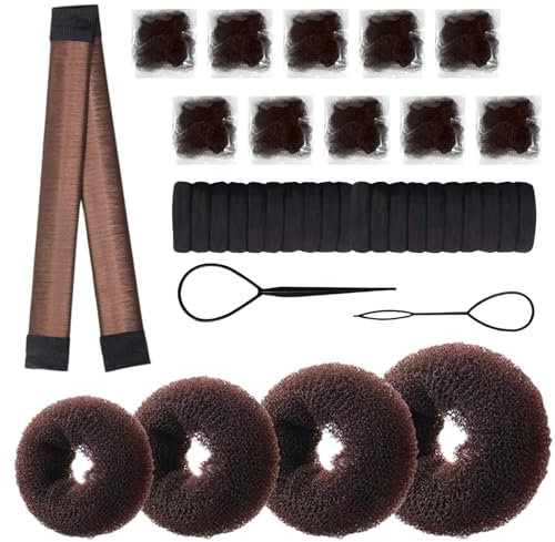 KEYRI 37 Pezzi Set Chignon a Ciambella Con Elastici e Retine - Accessori Facili per Donne e Ragazze (Marrone)